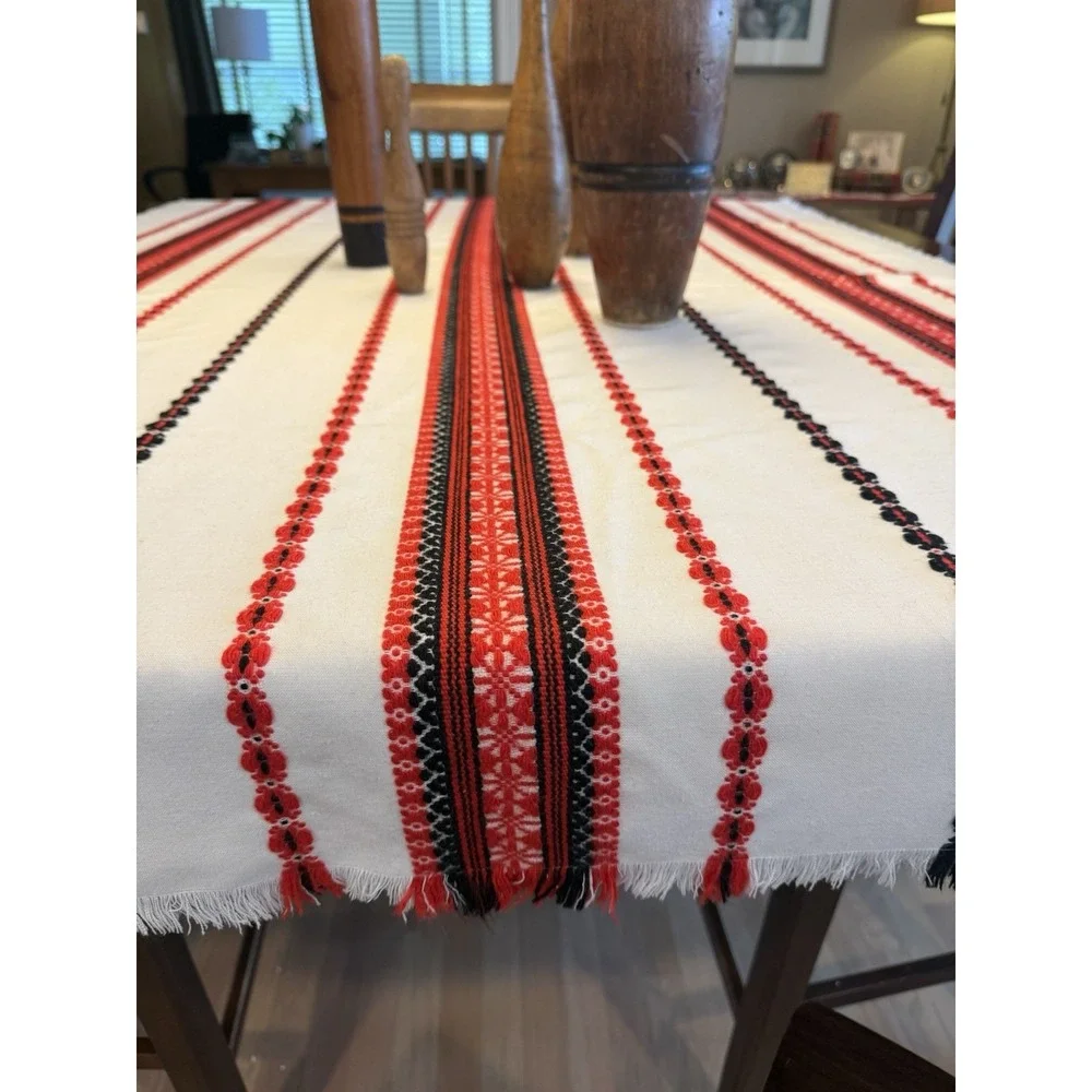 Vintage Ukrainian Woven Tablecloth Red Black Slavic Folk Fringe 44x62 Cotton EUC